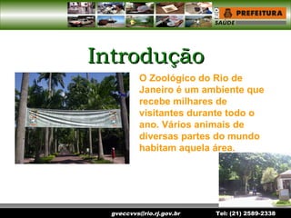 gveccvvs@rio.rj.gov.br Tel: (21) 2589-2338
IntroduçãoIntrodução
O Zoológico do Rio de
Janeiro é um ambiente que
recebe milhares de
visitantes durante todo o
ano. Vários animais de
diversas partes do mundo
habitam aquela área.
 