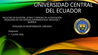 Integrante:
• Cuichán Eddy
FACULTAD DE FILOSOFÍA, LETRAS Y CIENCIAS DE LA EDUCACIÓN
PEDAGOGÍA DE LAS CIENCIAS EXPERIMENTALES, BIOLOGÍA Y
QUÍMICA
ZOOLOGÍA DE INVERTEBRADOS: ANÉLIDOS
UNIVERSIDAD CENTRAL
DEL ECUADOR
 