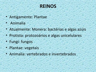 REINOS
•   Antigamente: Plantae
•   Animalia
•   Atualmente: Monera: bactérias e algas azúis
•   Protista: protozoários e algas unicelulares
•   Fungi: fungos
•   Plantae: vegetais
•   Animalia: vertebrados e invertebrados
 