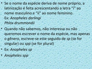 • Se o nome da espécie deriva de nome próprio, a
  latinização é feita acrescentando a letra “i” ao
  nome masculino e “ii” ao nome feminino.
  Ex: Anopheles darlingi
  Phlox drummondii
• Quando não sabemos, não interessa ou não
  queremos escrever o nome da espécie, mas apenas
  o gênero, escreve-se este seguido de sp (se for
  singular) ou spp (se for plural)
• Ex: Anopheles sp
• Anopheles spp
 