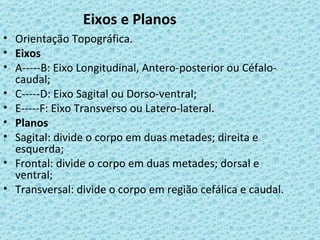 Eixos e Planos
• Orientação Topográfica.
• Eixos
• A-----B: Eixo Longitudinal, Antero-posterior ou Céfalo-
  caudal;
• C-----D: Eixo Sagital ou Dorso-ventral;
• E-----F: Eixo Transverso ou Latero-lateral.
• Planos
• Sagital: divide o corpo em duas metades; direita e
  esquerda;
• Frontal: divide o corpo em duas metades; dorsal e
  ventral;
• Transversal: divide o corpo em região cefálica e caudal.
 