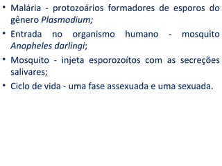• Malária - protozoários formadores de esporos do
  gênero Plasmodium;
• Entrada no organismo humano - mosquito
  Anopheles darlingi;
• Mosquito - injeta esporozoítos com as secreções
  salivares;
• Ciclo de vida - uma fase assexuada e uma sexuada.
 