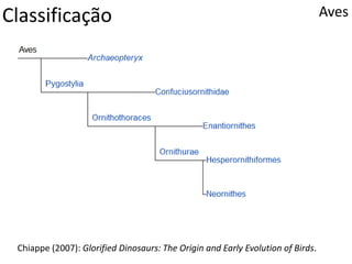 Classificação Aves
Chiappe (2007): Glorified Dinosaurs: The Origin and Early Evolution of Birds.
 