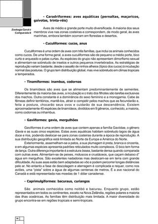66
ZoologiaGerale
Comparada II
- Caradriformes: aves aquáticas (pernaltas, maçaricos,
gaivotas, trinta-réis)
Aves de médio e grande porte muito diversificada. A maioria dos seus
membros vive nas zonas costeiras e correspondem, de modo geral, às aves
marinhas, embora também ocorram em florestas e desertos.
- Cuculiformes: cucos, anus
Cuculiformes é uma ordem de aves com três famílias, que inclui os animais conhecidos
como cucos. De uma forma geral, a aves cuculiformes são de pequeno a médio porte, bico
curto e arqueado e patas curtas. As espécies do grupo não apresentam dimorfismo sexual
e alimentam-se sobretudo de insetos e outros pequenos invertebrados. As estratégias de
reprodução variam bastante, desde o assalto de ninhos alheios (típico dos cucos) à incubação
normal das posturas. O grupo tem distribuição global, mas vive sobretudo em climas tropicais
a temperados.
- Tinamiformes: inambus, codornas
Os tinamídeos são aves que se alimentam predominantemente de sementes.
Diferentemente da maioria das aves, a incubação e o trato dos filhotes são tarefas exclusivas
dos machos. Outra constante é a dominância do sexo feminino e a monogamia. Cabe às
fêmeas definir territórios, mantê-los, atrair e competir pelos machos que as fecundarão e,
feita a postura, chocarão seus ovos e cuidarão de sua descendência. Existem
aproximadamente 45 espécies de tinamídeos, divididos em 9 gêneros, conhecido, a maioria,
como codornas ou inhambus.
- Gaviiformes: gavia, mergulhões
Gaviiformes é uma ordem de aves que contem apenas a família Gaviidae, o gênero
Gavia e as suas cinco espécies. Estas aves aquáticas habitam sobretudo lagos de água
doce e rios, podendo deslocar-se para zonas costeiras durante a época de reprodução. A
sua distribuição geográfica está limitada ao Norte da Europa e América do Norte.
Exteriormente, assemelham-se a patos, a sua plumagem é preta, branca e cinzenta,
e em algumas espécies apresenta padrões reticulados muito complexos. O bico tem forma
de lança. Outra diferença importante é a estrutura óssea, bastante densa quando comparada
com outras aves. Alimentam-se de peixes, moluscos e crustáceos, que caçam debaixo d”
água em mergulhos. São excelentes nadadoras mas deslocam-se em terra com grande
dificuldade.As suas asas estão bem adaptadas ao vôo e podem percorrer longas distâncias
pelo ar. No entanto a fase de descolagem e aterragem é complicada e requer, como nos
aviões, uma “pista” sobre a água de algumas centenas de metros. É a ave nacional do
Canadá e está representada nas moedas de 1 dólar canadense.
- Caprimulgiformes: bacuraus, curiangos
São animais conhecidos como noitibó e bacurau. Enquanto grupo, estão
representados em todos os continentes, exceto na Nova Zelândia, regiões polares e maioria
das ilhas oceânicas. As famílias têm distribuição mais limitada. A maior diversidade do
grupo encontra-se em regiões tropicais e semi-tropicais.
 