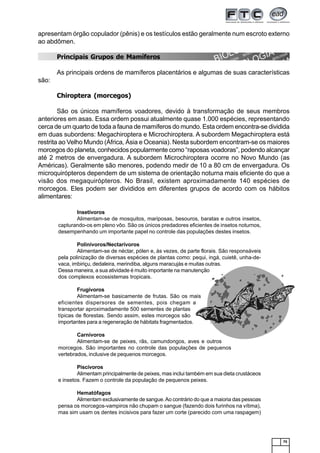 75
apresentam órgão copulador (pênis) e os testículos estão geralmente num escroto externo
ao abdômen.
Principais Grupos de Mamíferos
As principais ordens de mamíferos placentários e algumas de suas características
são:
Chiroptera (morcegos)
São os únicos mamíferos voadores, devido à transformação de seus membros
anteriores em asas. Essa ordem possui atualmente quase 1.000 espécies, representando
cerca de um quarto de toda a fauna de mamíferos do mundo. Esta ordem encontra-se dividida
em duas subordens: Megachiroptera e Microchiroptera. A subordem Megachiroptera está
restrita ao Velho Mundo (África, Ásia e Oceania). Nesta subordem encontram-se os maiores
morcegos do planeta, conhecidos popularmente como “raposas voadoras”, podendo alcançar
até 2 metros de envergadura. A subordem Microchiroptera ocorre no Novo Mundo (as
Américas). Geralmente são menores, podendo medir de 10 a 80 cm de envergadura. Os
microquirópteros dependem de um sistema de orientação noturna mais eficiente do que a
visão dos megaquirópteros. No Brasil, existem aproximadamente 140 espécies de
morcegos. Eles podem ser divididos em diferentes grupos de acordo com os hábitos
alimentares:
Insetívoros
Alimentam-se de mosquitos, mariposas, besouros, baratas e outros insetos,
capturando-os em pleno vôo. São os únicos predadores eficientes de insetos noturnos,
desempenhando um importante papel no controle das populações destes insetos.
Polinívoros/Nectarívoros
Alimentam-se de néctar, pólen e, às vezes, de parte florais. São responsáveis
pela polinização de diversas espécies de plantas como: pequi, ingá, cuietê, unha-de-
vaca, imbiriçu, dedaleira, merindiba, alguns maracujás e muitas outras.
Dessa maneira, a sua atividade é muito importante na manutenção
dos complexos ecossistemas tropicais.
Frugívoros
Alimentam-se basicamente de frutas. São os mais
eficientes dispersores de sementes, pois chegam a
transportar aproximadamente 500 sementes de plantas
típicas de florestas. Sendo assim, estes morcegos são
importantes para a regeneração de hábitats fragmentados.
Carnívoros
Alimentam-se de peixes, rãs, camundongos, aves e outros
morcegos. São importantes no controle das populações de pequenos
vertebrados, inclusive de pequenos morcegos.
Piscívoros
Alimentam principalmente de peixes, mas inclui também em sua dieta crustáceos
e insetos. Fazem o controle da população de pequenos peixes.
Hematófagos
Alimentam exclusivamente de sangue.Ao contrário do que a maioria das pessoas
pensa os morcegos-vampiros não chupam o sangue (fazendo dois furinhos na vítima),
mas sim usam os dentes incisivos para fazer um corte (parecido com uma raspagem)
 
