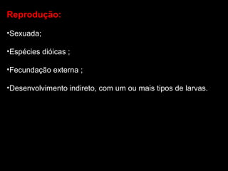 Reprodução: 
•Sexuada; 
•Espécies dióicas ; 
•Fecundação externa ; 
•Desenvolvimento indireto, com um ou mais tipos de larvas. 
 