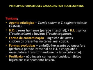PRINCIPAIS PARASITOSES CAUSADAS POR PLATELMINTOS

Teníase:
• Agente etiológico – Taenia solium e T. saginata (classe
Cestoda).
• H.D. : seres humanos (parede intestinal); / H.I. : suínos
(Taenia solium) e bovinos (Taenia saginata).
• Forma de contaminação – ingestão de larvas
cisticercos presentes na carne mal cozida.
• Formas evolutivas – embrião hexacanto ou oncosfera
(perfura a parede intestinal do H.I. e chega até a
musculatura, transformando-se na larva cisticerco).
• Profilaxia – não ingerir carnes mal-cozidas, hábitos
higiênicos e saneamento básico.

 
