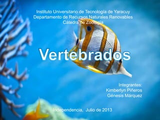 Instituto Universitario de Tecnología de Yaracuy
Departamento de Recursos Naturales Renovables
Cátedra de Zoología
Integrantes:
Kimberlyn Piñeros
Génesis Márquez
Independencia, Julio de 2013
 