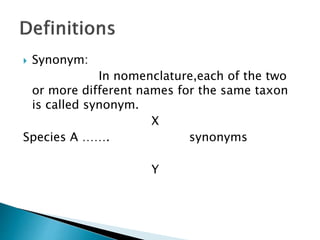  Synonym:
In nomenclature,each of the two
or more different names for the same taxon
is called synonym.
X
Species A ……. synonyms
Y
 
