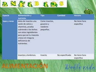 Especie Alimentación y
nutrición
Tipo Cantidad Horario
Sapo y ranas dieta de insectos una
sazón de calcio y
vitaminas, prueba
cubriendo a los bichos
con estos ingredientes
para que así tu mascota
crezca sin ninguna
deficiencia de
nutrientes.
Come insectos,
gusanos y
roedores
pequeños.
No tiene hora
especifica
insectos y lombrices. Insecto No especificado No tiene hora
especifica
 