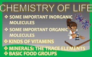  SOME IMPORTANT INORGANIC 
MOLECULES 
 SOME IMPORTANT ORGANIC 
MOLECULES 
 KINDS OF VITAMINS 
 MINERALS: THE TRACE ELEMENTS 
 BASIC FOOD GROUPS 
 