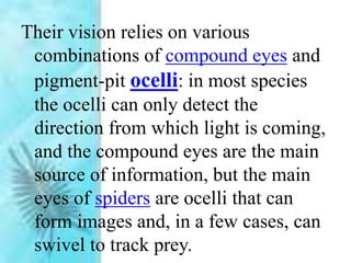 Their vision relies on various
combinations of compound eyes and
pigment-pit ocelli: in most species
the ocelli can only detect the
direction from which light is coming,
and the compound eyes are the main
source of information, but the main
eyes of spiders are ocelli that can
form images and, in a few cases, can
swivel to track prey.
 