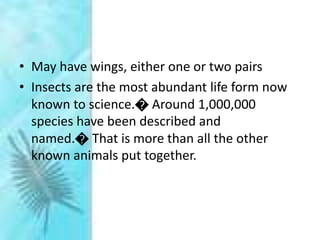 • May have wings, either one or two pairs
• Insects are the most abundant life form now
known to science.� Around 1,000,000
species have been described and
named.� That is more than all the other
known animals put together.
 