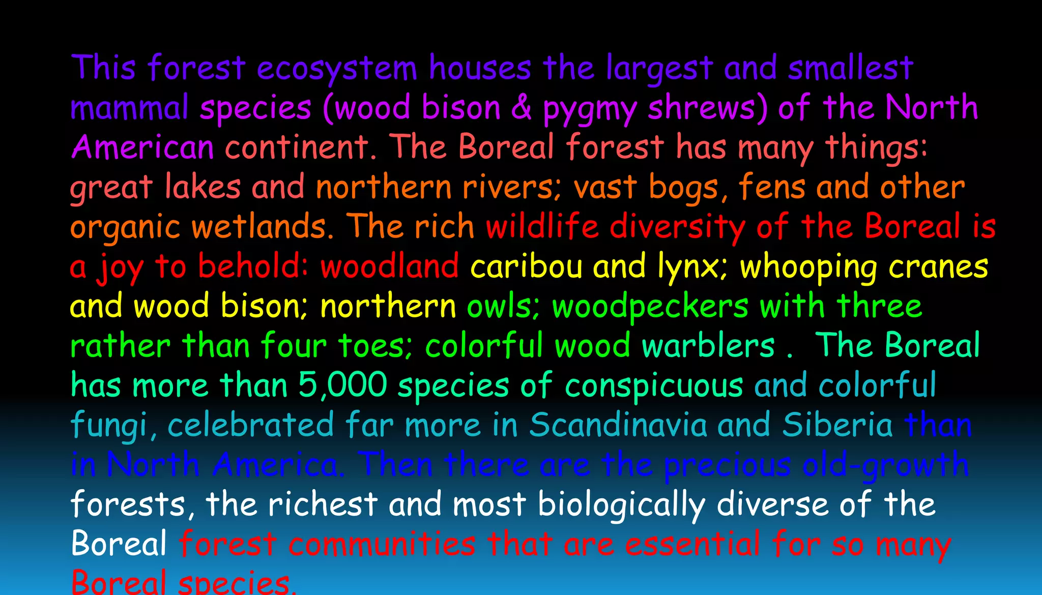 This forest ecosystem houses the largest and smallest
mammal species (wood bison & pygmy shrews) of the North
American continent. The Boreal forest has many things:
great lakes and northern rivers; vast bogs, fens and other
organic wetlands. The rich wildlife diversity of the Boreal is
a joy to behold: woodland caribou and lynx; whooping cranes
and wood bison; northern owls; woodpeckers with three
rather than four toes; colorful wood warblers . The Boreal
has more than 5,000 species of conspicuous and colorful
fungi, celebrated far more in Scandinavia and Siberia than
in North America. Then there are the precious old-growth
forests, the richest and most biologically diverse of the
Boreal forest communities that are essential for so many
Boreal species.
 
