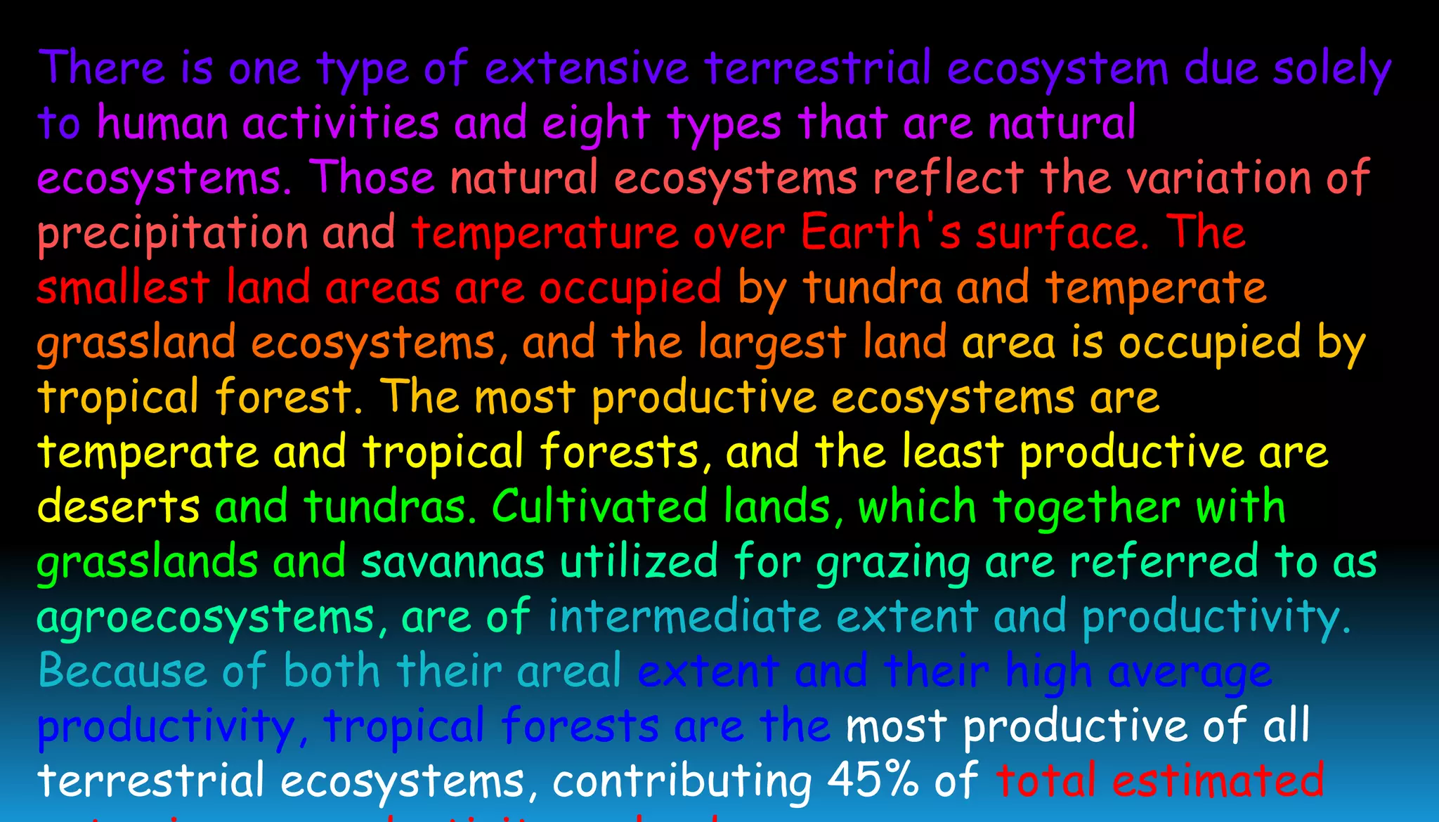 There is one type of extensive terrestrial ecosystem due solely
to human activities and eight types that are natural
ecosystems. Those natural ecosystems reflect the variation of
precipitation and temperature over Earth's surface. The
smallest land areas are occupied by tundra and temperate
grassland ecosystems, and the largest land area is occupied by
tropical forest. The most productive ecosystems are
temperate and tropical forests, and the least productive are
deserts and tundras. Cultivated lands, which together with
grasslands and savannas utilized for grazing are referred to as
agroecosystems, are of intermediate extent and productivity.
Because of both their areal extent and their high average
productivity, tropical forests are the most productive of all
terrestrial ecosystems, contributing 45% of total estimated
 