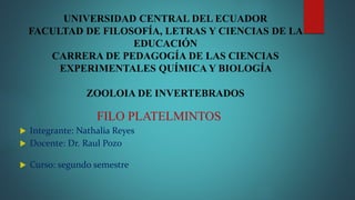 UNIVERSIDAD CENTRAL DEL ECUADOR
FACULTAD DE FILOSOFÍA, LETRAS Y CIENCIAS DE LA
EDUCACIÓN
CARRERA DE PEDAGOGÍA DE LAS CIENCIAS
EXPERIMENTALES QUÍMICA Y BIOLOGÍA
ZOOLOIA DE INVERTEBRADOS
FILO PLATELMINTOS
 Integrante: Nathalia Reyes
 Docente: Dr. Raul Pozo
 Curso: segundo semestre
 