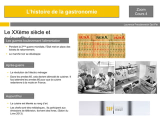 L’histoire de la gastronomie

Zoom
Cours 4
Laurence Freudenreich Dpt Fle
ESCE

Le XXème siècle et
aujourd’hui
Les guerres bouleversent l’alimentation
 Pendant la 2ème guerre mondiale, l’Etat met en place des
tickets de rationnement.
 Le marché noir se développe

Après-guerre
 La révolution de l’électro ménager
 Dans les années 60, cela devient démodé de cuisiner. Il
faut attendre les années 80 pour que la cuisine
redevienne à la mode en France.

Aujourd’hui
 La cuisine est élevée au rang d’art.
 Les chefs sont très médiatiques . Ils participent aux
émissions de télévision, écrivent des livres. (Salon du
Livre 2013)

 
