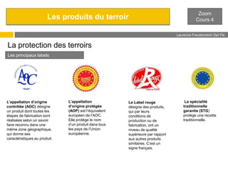 Les produits du terroir

Zoom
Cours 4
Laurence Freudenreich Dpt Fle
ESCE

La protection des terroirs
Les principaux labels

L’appellation d’origine
contrôlée (AOC) désigne
un produit dont toutes les
étapes de fabrication sont
réalisées selon un savoir
faire reconnu dans une
même zone géographique,
qui donne ses
caractéristiques au produit.

L’appellation
d’origine protégée
(AOP) est l’équivalent
européen de l’AOC.
Elle protège le nom
d’un produit dans tous
les pays de l’Union
européenne.

Le Label rouge
désigne des produits,
qui par leurs
conditions de
production ou de
fabrication, ont un
niveau de qualité
supérieure par rapport
aux autres produits
similaires. C’est un
signe français.

La spécialité
traditionnelle
garantie (STG)
protège une recette
traditionnelle.

 