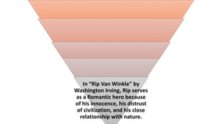 In “Rip Van Winkle” by
Washington Irving, Rip serves
as a Romantic hero because
of his innocence, his distrust
of civilization, and his close
relationship with nature.
 