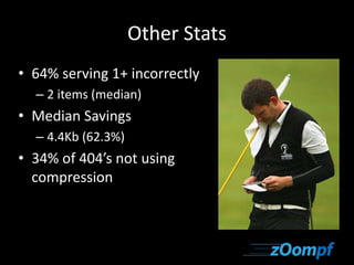 Other Stats 
• 64% serving 1+ incorrectly 
– 2 items (median) 
• Median Savings 
– 4.4Kb (62.3%) 
• 34% of 404’s not using 
compression 
 