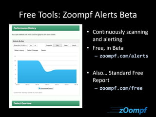 Free Tools: Zoompf Alerts Beta 
• Continuously scanning 
and alerting 
• Free, in Beta 
– zoompf.com/alerts 
• Also… Standard Free 
Report 
– zoompf.com/free 
 