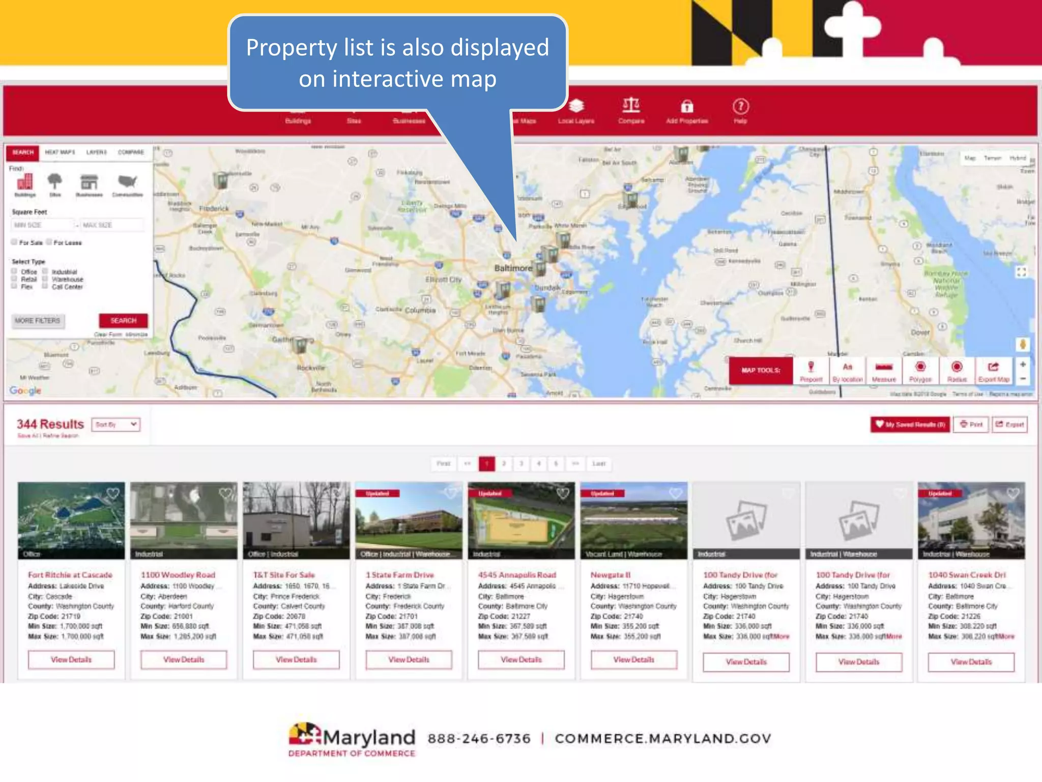 Property list is also displayed
on interactive map
 