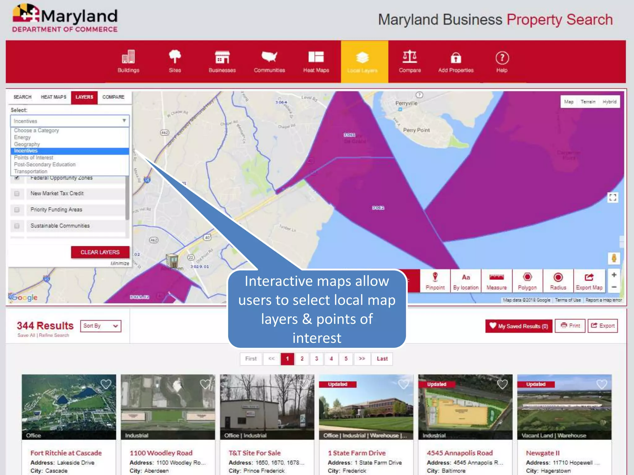 Interactive maps allow
users to select local map
layers & points of
interest
 