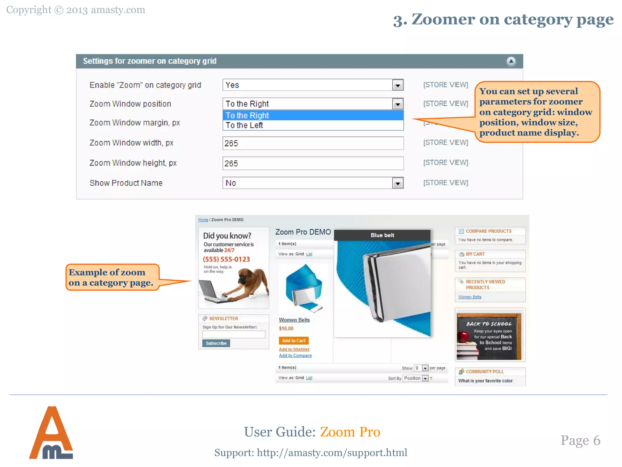 Copyright © 2013 amasty.com
Page 6
Support: http://amasty.com/support.html
3. Zoomer on category page
User Guide: Zoom Pro
You can set up several
parameters for zoomer
on category grid: window
position, window size,
product name display.
Example of zoom
on a category page.
 