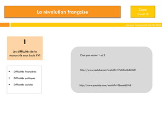 Zoom
Cours 8

La révolution française

Laurence Freudenreich Dpt Fle ESCE

1
Les difficultés de la
monarchie sous Louis XVI



Difficultés financières



Difficultés sociales

http://www.youtube.com/watch?v=7aNCoJb2AW8

Difficultés politiques



C’est pas sorcier 1 et 2

http://www.youtube.com/watch?v=Qsmet6LVnlI

 