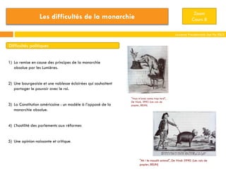 Zoom
Cours 8

Les difficultés de la monarchie

Laurence Freudenreich Dpt Fle ESCE

Difficultés politiques
1) La remise en cause des principes de la monarchie
absolue par les Lumières.

2) Une bourgeoisie et une noblesse éclairées qui souhaitent
partager le pouvoir avec le roi.

3) La Constitution américaine : un modèle à l’opposé de la
monarchie absolue.

"Vous m'avez connu trop tard",
De Vinck, 3992 (Les rois de
papier, BELIN)

4) L’hostilité des parlements aux réformes

5) Une opinion naissante et critique.

"Ah ! le maudit animal", De Vinck 3990. (Les rois de
papier, BELIN)

 