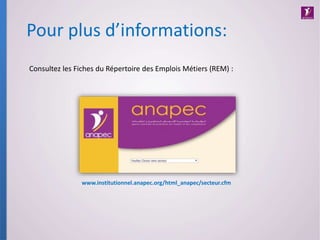 Pour plus d’informations:
Consultez les Fiches du Répertoire des Emplois Métiers (REM) :
www.institutionnel.anapec.org/html_anapec/secteur.cfm
 