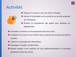 Activités
Préparer le travail au cours de réunion d’équipe
Assister à la formation sur les produits ou services proposés
par l’entreprise
Émettre ou réceptionner des appels pour atteindre les
objectifs fixés
Conseiller et orienter les correspondants dans leurs choix
Enregistrer des ventes le cas échéant et/ou proposer de nouveaux services ou
produits
Collecter ou échanger des informations
Renseigner le système d’information
Rendre compte à son supérieur de tout dysfonctionnement ou remarque
pertinente venant des clients
 