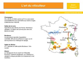 L’art du viticulteur
Laurence Freudenreich Dpt Fle
ESCE
Champagne :
On y fait du vin blanc parce qu’il n’y a pas assez
d’ensoleillement pour permettre aux raisins rouges
d’atteindre leur maturité.
Vallée de la Loire:
Vignoble le plus étendu de France. Nombreux
cépages. La région est connue pour ses vins
blancs et rosés.
Bordeaux:
Le plus grand vignoble d’appelation
contrôlée. 80% de la surface en rouge. Le vin
est le produit d’un mélange de cépage.
Vallée du Rhône :
2ème vignoble en taille après Bordeaux. Vins
corsés.
Alsace :
Le cépage est mis en avant sur l’étiquette.
Pourquoi ? Après le phylloxera, on a attribué un
cépage à chaque parcelle et ce classement s’est
maintenu.
Zoom
Cours 6
 