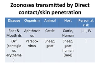 Zoonoses transmitted by Direct
contact/skin penetration
Disease Organism Animal Host Person at
risk
Foot &
Mouth ds
Aphthovir
us
Cattle Cattle,
Human
I, III, IV
Orf
(contagio
us
erythema
)
Parapox
virus
Sheep,
goat
Sheep,
goat
human
(rare)
I
 