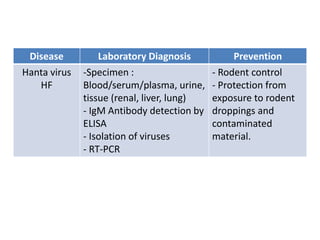 Disease Laboratory Diagnosis Prevention
Hanta virus
HF
-Specimen :
Blood/serum/plasma, urine,
tissue (renal, liver, lung)
- IgM Antibody detection by
ELISA
- Isolation of viruses
- RT-PCR
- Rodent control
- Protection from
exposure to rodent
droppings and
contaminated
material.
 