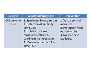Disease Laboratory Diagnosis Prevention
Chikungunya
virus
1. Specimen: blood/ serum
2. Detection of antibody:
IgM ELISA
3. Isolation of virus:
mosquitoe cell lines,
suckling mice inoculation
4. Molecular method: Real
Time-PCR
1. Vector control
measures
2. Protection from
mosquito bite
3. No vaccine is
available.
 