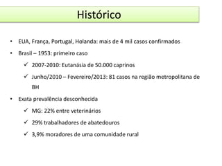 Histórico 
• EUA, França, Portugal, Holanda: mais de 4 mil casos confirmados 
• Brasil – 1953: primeiro caso 
 2007-2010: Eutanásia de 50.000 caprinos 
 Junho/2010 – Fevereiro/2013: 81 casos na região metropolitana de 
BH 
• Exata prevalência desconhecida 
 MG: 22% entre veterinários 
 29% trabalhadores de abatedouros 
 3,9% moradores de uma comunidade rural 
 