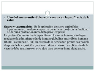 4. Uso del suero antirrábico con vacuna en la profilaxis de la
rabia
Suero y vacunación.- Es la aplicación de suero antirrábico
hiperinmune (transferencia pasiva de anticuerpos) con la finalidad
de dar una protección inmediata pero temporal.
La protección inmunitaria especifica en los seres humanos se logra
mediante la administración de inmunoglobulina antirrábica humana
(IGRH) o equina (IGER) en el sitio de la herida tan pronto sea posible
después de la exposición para neutralizar al virus. La aplicación de la
vacuna debe realizarse en otro sitio para generar inmunidad activa.
 