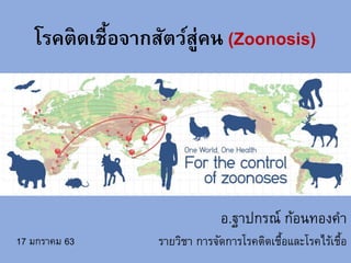 โรคติดเชื้อจากสัตว์สู่คน (Zoonosis)
อ.ฐาปกรณ์ ก้อนทองคํา
รายวิชา การจัดการโรคติดเชื้อและโรคไร้เชื้อ17 มกราคม 63
 