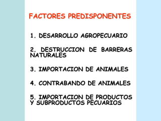 FACTORES PREDISPONENTES1. DESARROLLO AGROPECUARIO2. DESTRUCCION DE BARRERAS NATURALES3. IMPORTACION DE ANIMALES4. CONTRABANDO DE ANIMALES5. IMPORTACION DE PRODUCTOS Y SUBPRODUCTOS PECUARIOS