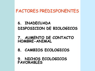 FACTORES PREDISPONENTES6.  INADECUADA DISPOSICION DE BIOLOGICOS7.  AUMENTO DE CONTACTO HOMBRE-ANIMAL8.  CAMBIOS ECOLOGICOS9.  NICHOS ECOLOGICOS FAVORABLES