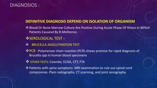 DIAGNOSIOS :
DEFINITIVE DIAGNOSIS DEPEND ON ISOLATION OF ORGANISM
Blood Or Bone Marrow Culture Are Positive During Acute Phase Of Illness In 80%of
Patients Causesd By B.Melitensis
SEROLOGICAL TEST –
 BRUCELLA AGGLUTINATION TEST
PCR :Polymerase chain reaction (PCR) shows promise for rapid diagnosis of
Brucella spp in human blood specimens
 OTHER TESTS: Coombs, ELISA, CFT, FTA
Patients with spine symptoms MRI examination to rule out spinal cord
compromise. Plain radiographs, CT scanning, and joint sonography.
 