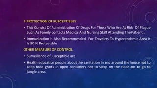 3 .PROTECTION OF SUSCEPTIBLES
• This Consist Of Administration Of Drugs For Those Who Are At Rick Of Plague
Such As Family Contacts Medical And Nursing Staff Attending The Patient .
• Immunization Is Also Recommended For Travelers To Hyperendemic Area It
Is 50 % Protectable
OTHER MEASURE OF CONTROL
• Surveillance of susceptible are
• Health education people about the sanitation in and around the house not to
keep food grains in open containers not to sleep on the floor not to go to
jungle area.
 