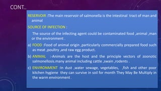 CONT..
RESERVOIR :The main reservoir of salmonella is the intestinal tract of man and
animal
SOURCE OF INFECTION :
The source of the infecting agent could be contaminated food ,animal ,man
or the environment .
a) FOOD :Food of animal origin ,particularly commercially prepared food such
as meat ,poultry ,and raw egg product.
b) ANIMAL :-Animals are the host and the principle vectors of zoonotic
salmonellosis.many animal including cattle ,swain ,rodents .
c) ENVIRONMENT :In dust ,water sewage, vegetables, ,fish and other poor
kitchen hygiene they can survive in soil for month They May Be Multiply in
the warm environment .
 
