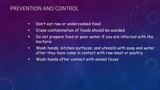 PREVENTION AND CONTROL
 Don’t eat raw or undercooked food
 Cross-contamination of foods should be avoided
 Do not prepare food or pour water if you are infected with the
bacteria
 Wash hands, kitchen surfaces, and utensils with soap and water
after they have come in contact with raw meat or poultry
 Wash hands after contact with animal feces
 