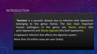 INTRODUCTION
Taeniasis is a parasitic disease due to infection with tapeworms
belonging to the genus Taenia. The two most important
human pathogens in the genus are Taenia solium (the
pork tapeworm) and Taenia saginata (the beef tapeworm).
A tapeworm infection that affects the digestive system .
More than 10 million cases per year (India)
 