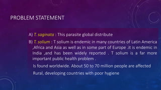 PROBLEM STATEMENT
A) T. saginata : This parasite global distribute
B) T. solium : T solium is endemic in many countries of Latin America
,Africa and Asia as well as in some part of Europe .it is endemic in
India ,and has been widely reported . T solium is a far more
important public health problem .
Is found worldwide. About 50 to 70 million people are affected
Rural, developing countries with poor hygiene
 