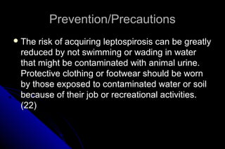 Prevention/Precautions
 The

risk of acquiring leptospirosis can be greatly
reduced by not swimming or wading in water
that might be contaminated with animal urine.
Protective clothing or footwear should be worn
by those exposed to contaminated water or soil
because of their job or recreational activities.
(22)

 
