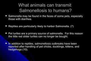 What animals can transmit
Salmonellosis to humans?


Salmonella may be found in the feces of some pets, especially
those with diarrhea.



Reptiles are particularly likely to harbor Salmonella. (7)



Pet turtles are a primary source of salmonella. For this reason
the little red slider turtles can no longer be bought.



In addition to reptiles, salmonellosis outbreaks have been
reported after handling of pet chicks, ducklings, kittens, and
hedgehogs (10).

 