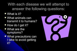 With each disease we will attempt to
answer the following questions:
 What

is it?
 What animals can
transmit it to humans?
 How do I get it?
 What are the
symptoms?
 What precautions can
I take to avoid getting
it?

 